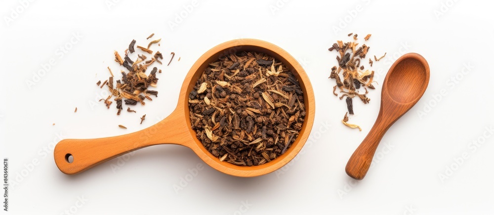 Poster top view of a bowl and scoop filled with dry tea leaves placed on a white background the image creat