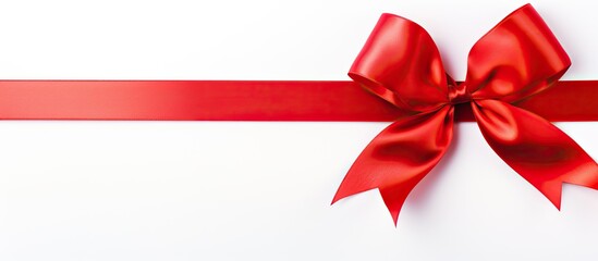 A shiny red ribbon stands out against a clean white background providing ample copy space for text or images
