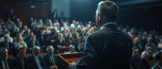 Politician speaking at a podium with an attentive audience,