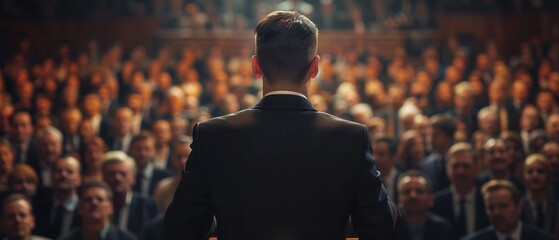 Politician standing at a podium in front of a cheering crowd,