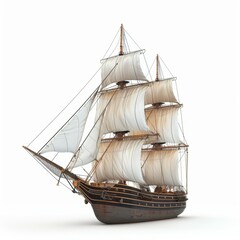 3D vector illustration of vintage sailing ship over white background