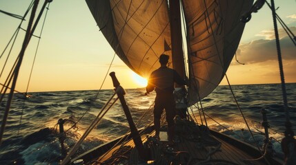 A sailor is navigating a sail boat in sea.