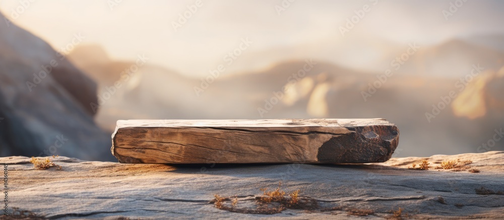 Poster the well designed rock stone stand presents products in a natural and blurred background allowing fo