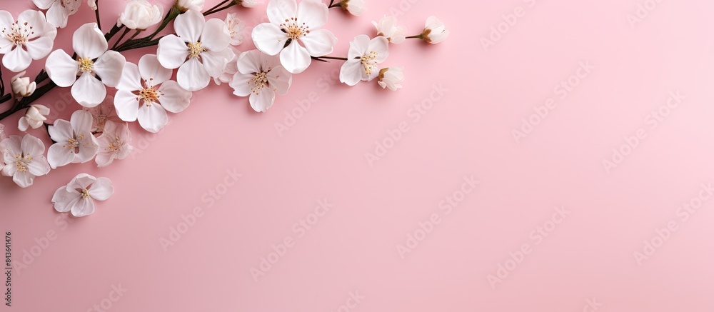 Poster a pink background featuring white flowers on the side leaving empty space for adding an image. copys