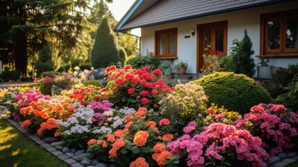 beautiful colorful cozy home flower garden in summer