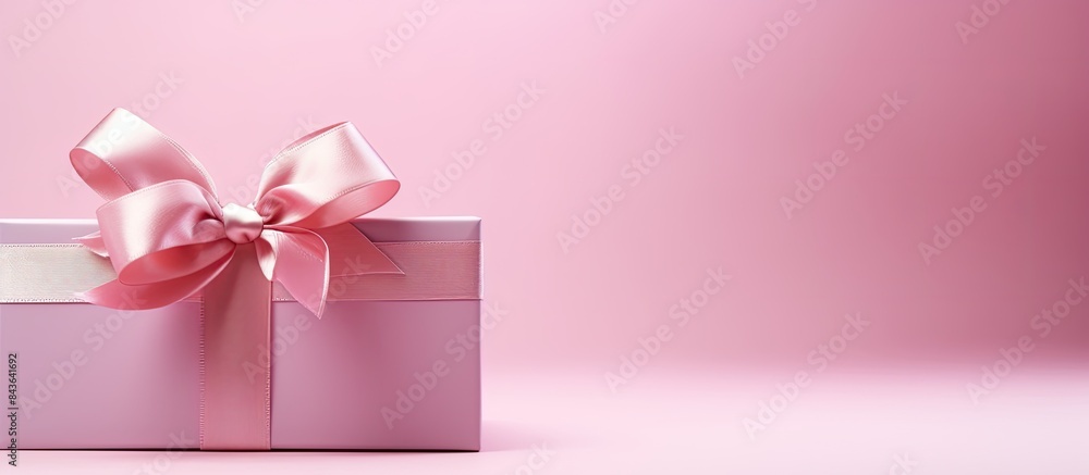 Poster a gift box with a ribbon bow is featured in this copy space image positioned on a pink background