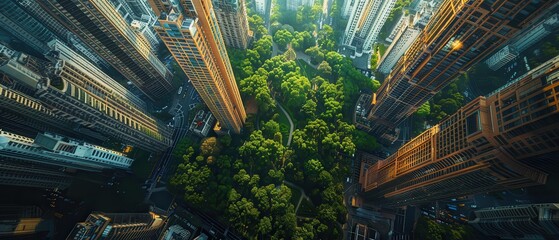 Sharp 8K shot of a modern cityscape with green spaces and tall buildings