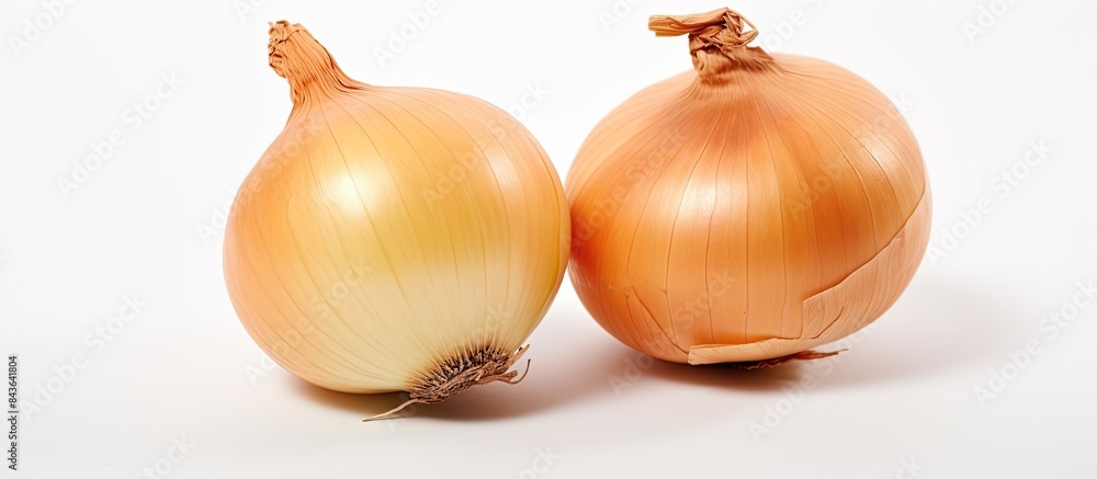 Poster there are two onions placed on a white background with ample copy space available in the image