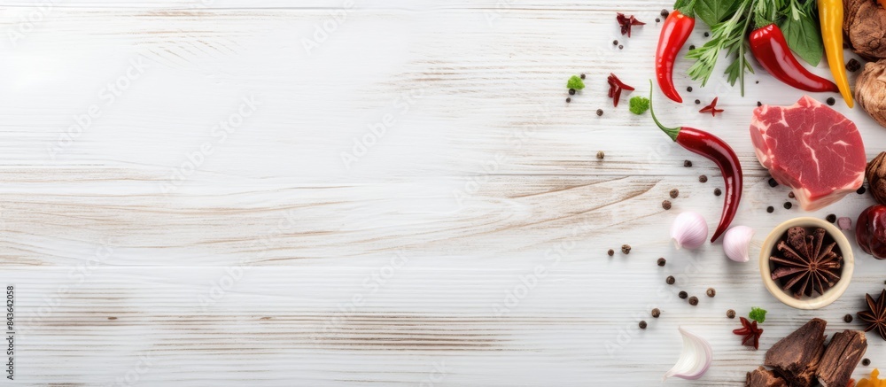 Poster top view of a raw beef liver with chili peppers onion and garlic on a white wooden table there is am