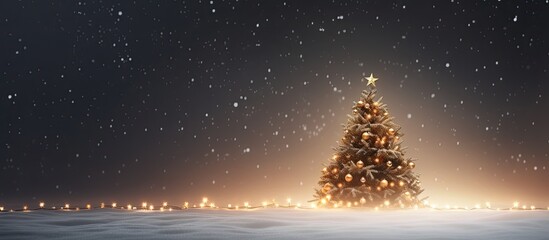 Fototapeta premium The festive Christmas tree adorned with twinkling lights sits against a backdrop providing ample copy space for creative use