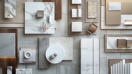A flat lay presentation of interior design material boards is depicted offering inspiration for architecture or home office decoration in a 3D illustration