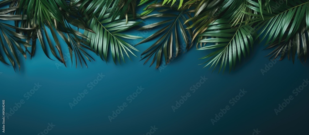 Poster top view of a flat lay image featuring a frame made of tropical palm leaves set against a stunning b
