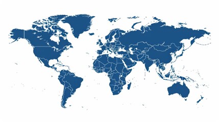 Blue world map with white outlines of country borders on a white background