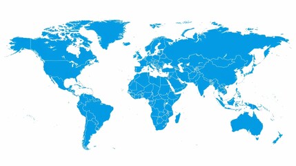 Obraz premium Blue world map with white outlines of country borders on a white background