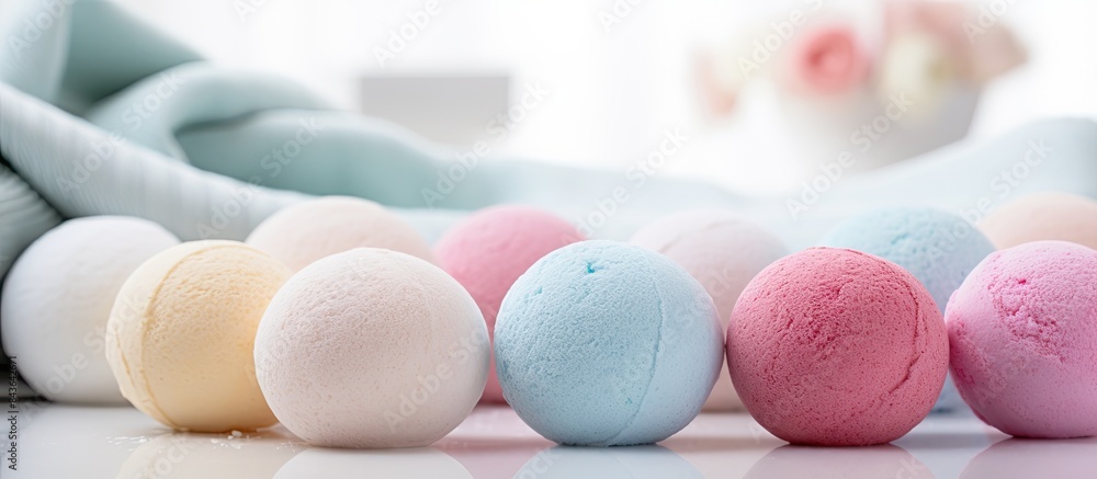 Poster a vibrant assortment of bath bombs displayed on a pristine white towel in a bathroom setting with am