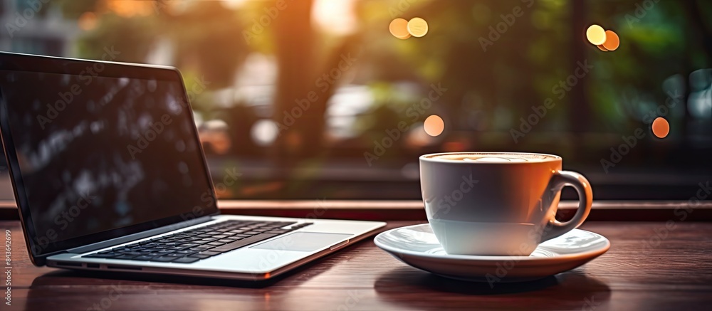 Poster there is a blurred image of a coffee cup on a working table with a laptop nearby providing a copy sp