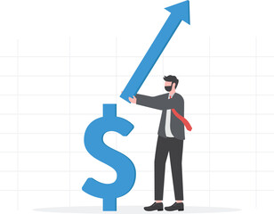 increase income illustration with businessman plugs grow graph arrow on dollar symbol
