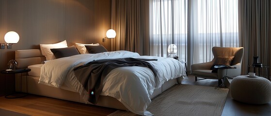Stylish bedroom with clean lines, sharp decor, and modern furniture