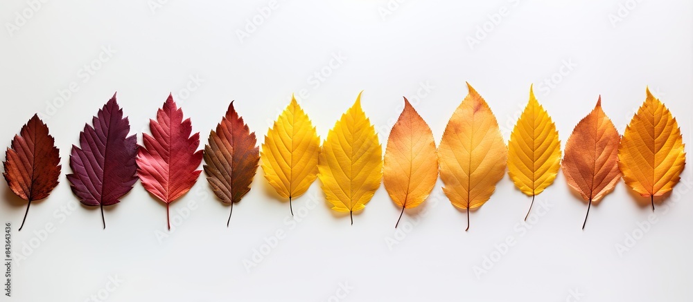 Poster top view of seasonal autumn leaves arranged in a gradient pattern on a white background this minimal