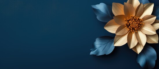 Obraz premium A stunning gold Christmas flower sits on a vintage blue background in this flat lay design providing ample copy space It is horizontally oriented