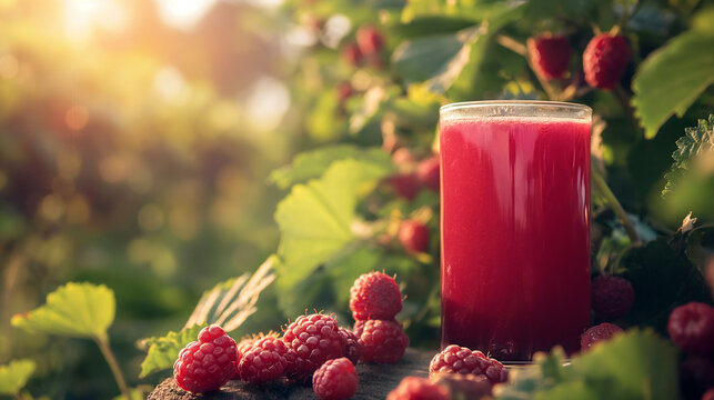 Glass of fresh loganberry juice, vibrant red color, amidst loganberry vines, sun-drenched plantation, rich and refreshing 