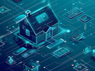 concepto de Innovador sistema de seguridad para hogares inteligentes. Planos de casas en 3D con imágenes de rayos X. Controlar cerraduras a través de smartphones. Sistema inalámbrico de seguridad,