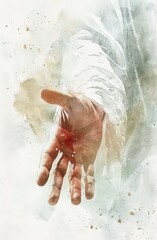 Watercolor painting of Jesus hand reaching out, symbolizing compassion, salvation and invitation