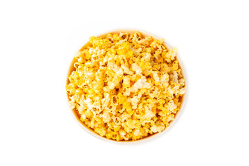 Popcorn box. Red and white striped buckets of popcorn isolated on white background. Cinema and entertainment concept. Movie night with popcorn. Cheesy popcorn. Delicious appetizer, snack. 