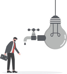 out of ideas illustration, don't get ideas or solutions to solve business problems, sad businessman holding a dead water tap with dead light bulb idea concept vector illustration
