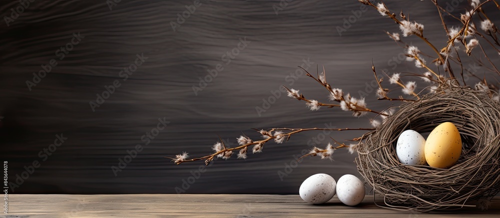 Poster a copy space image featuring an easter egg and a willow branch placed on a rustic wooden backdrop