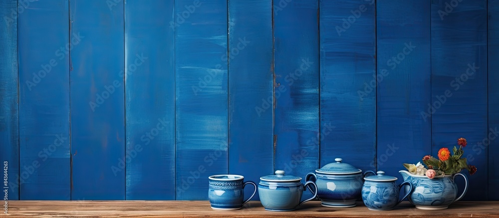 Poster the copy space image shows a blue wooden background with a set of crockery displayed on it