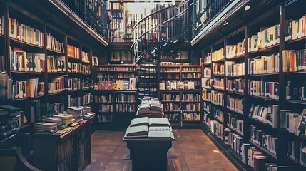 Fototapeta premium Cozy bookstore with spiral staircase and wooden shelves, creating a warm and inviting atmosphere