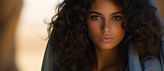 Fototapeta premium A young Arabian model with curly hair confidently gazes into the camera in this captivating copy space image