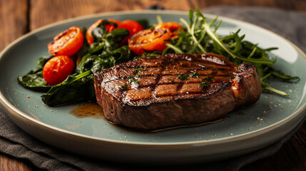 Grilled steak served with a side of sautéed spinach and roasted tomatoes, vibrant colors, hearty and nutritious meal, inviting presentation 