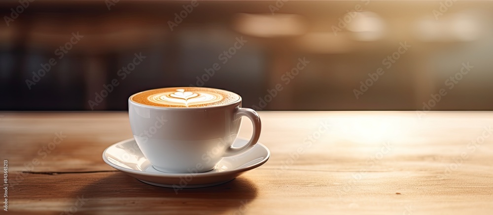 Poster a copy space image of a chai latte served in a white cup resting on a wooden table