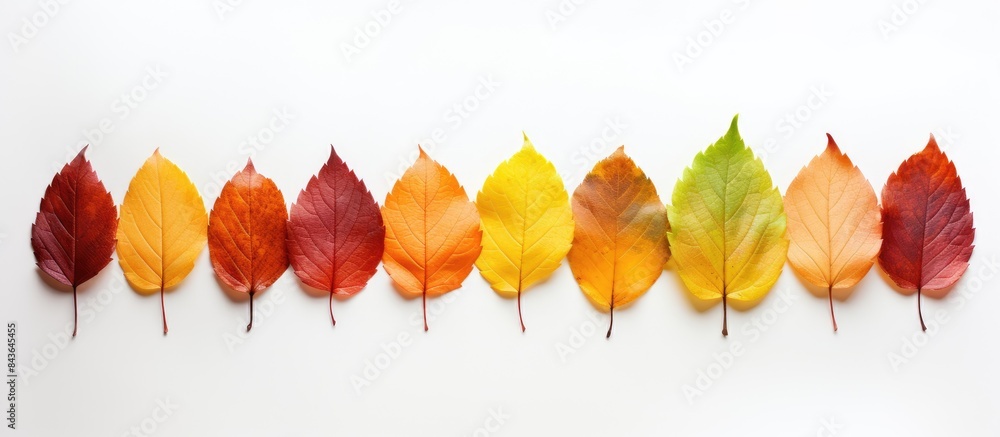 Poster top view of seasonal autumn leaves arranged in a gradient pattern on a white background this minimal
