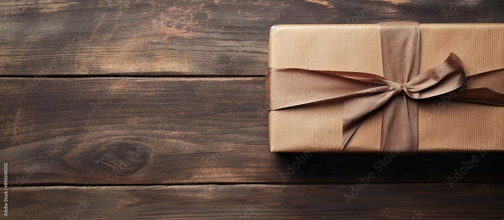Poster a top view image of a brown gift box placed on a rustic wooden background with plenty of space for c