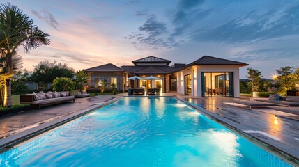 Fototapeta premium Swimming pool of a large mansion at dusk.