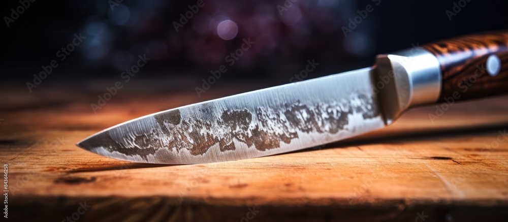 Poster a close up image of a knife cutting through a wooden chopping board with ample copy space for additi