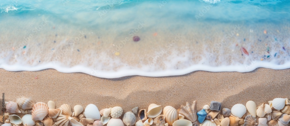 Poster a photo frame consisting of shells small stones and a vacant space for a copy space image