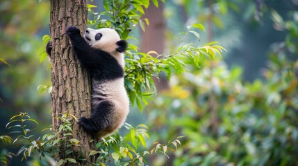 Obraz premium A panda bear on tree in wild forest.