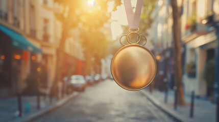 Medal with blank space for design, mockup style, against a blurred background of Paris's Montmartre district, bright and cheerful atmosphere 