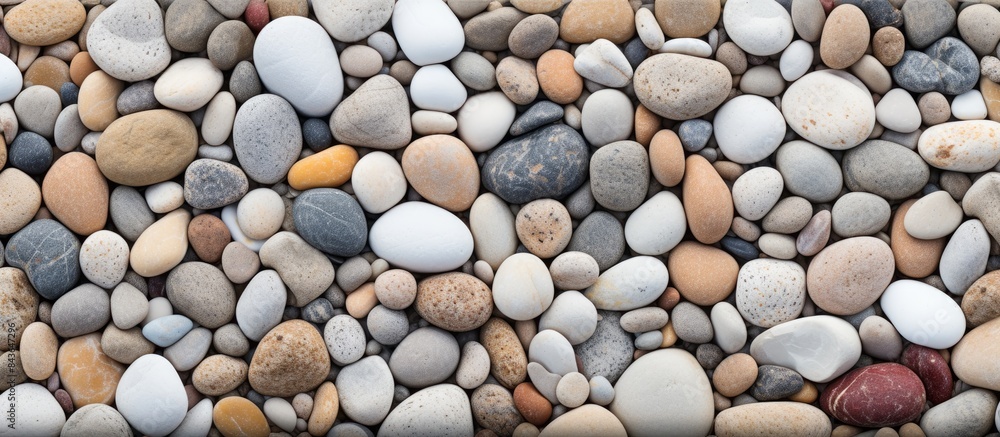 Poster copy space image of small smooth rounded rock pebbles providing a textured background for adding tex