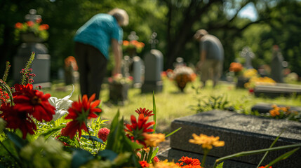 Memorial Day wreath-laying ceremony, people placing wreaths on graves, cemetery setting, respectful and somber mood 