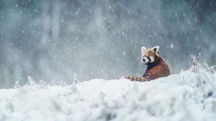 Portrait of red panda Ailurus in snow in winter