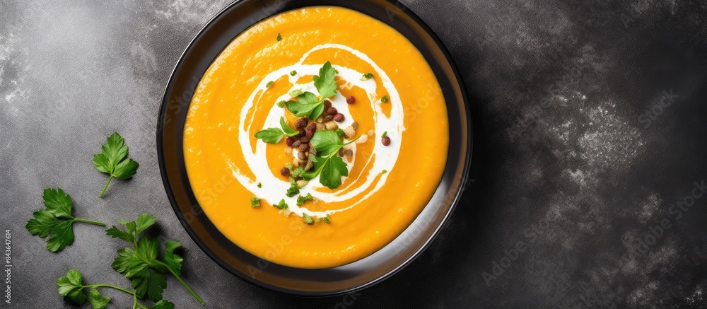 Poster top view of a creamy pumpkin and carrot soup elegantly presented on a grey stone background providin