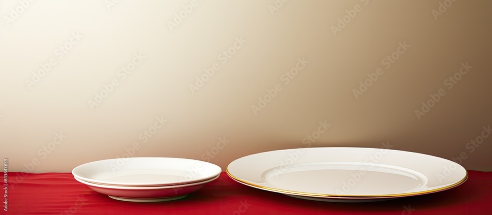Poster two porcelain plates perfectly placed on a pristine white tablecloth leaving ample copy space in the