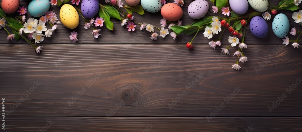 Poster a wooden background is adorned with painted easter eggs and blossoming branches creating a flat lay 