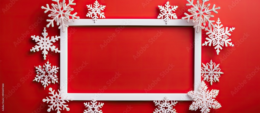 Poster a top view composition of snowflake decorations and a picture frame on a red background provides a c