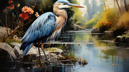 watercolor illustration of great blue heron, swamp waters